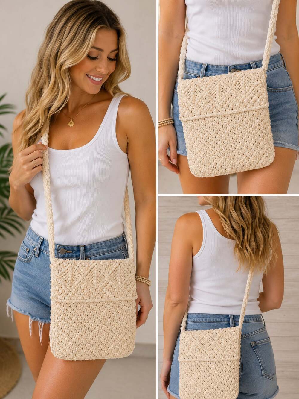 C&B Sport by Croft & Barrow Beige Macrame Woven Crossbody Bag